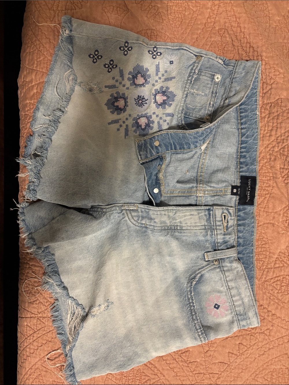 Lucky Brand Light Wash Denim Shorts with Floral Embroidery